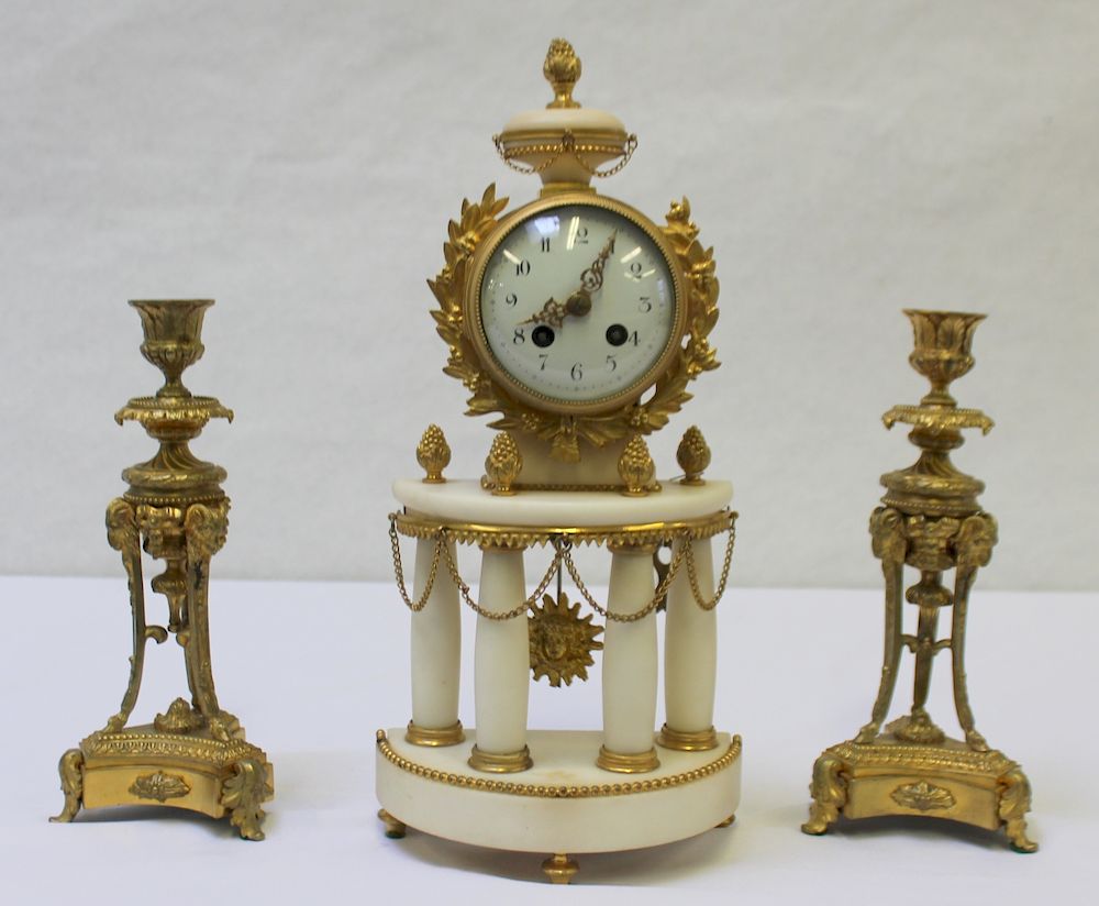 Appraisal: Fine Quality French Bronze and Marble Clock Garniture Set Great