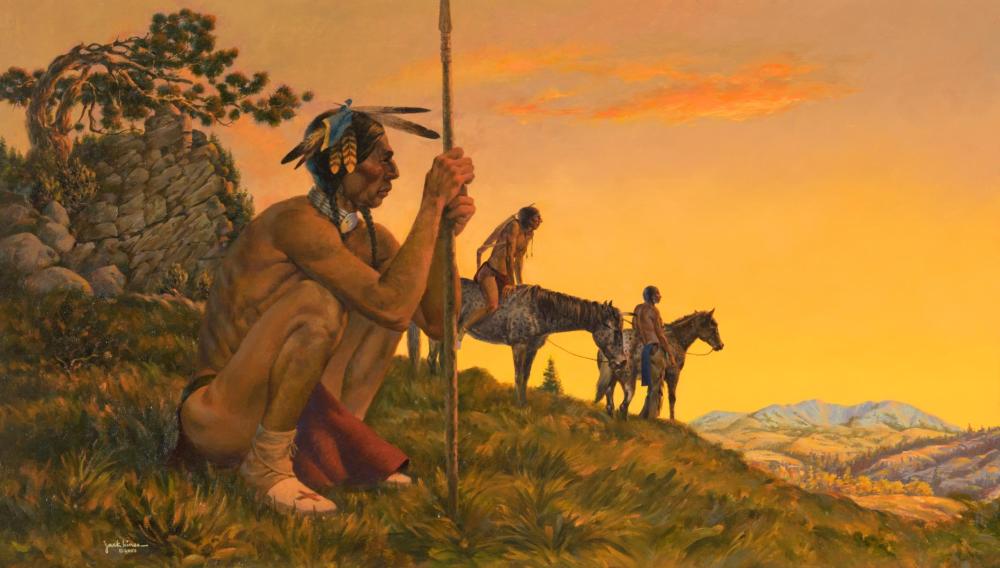 Appraisal: JACK HINES Montana - oil on board Scouts at Dawn