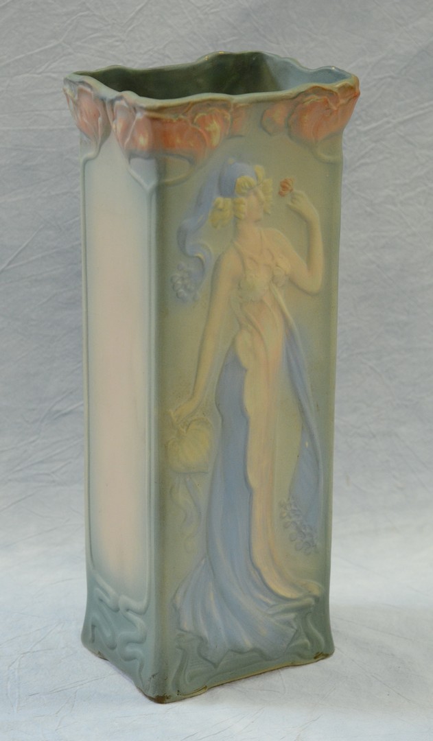 Appraisal: Weller Pottery Art Nouveau woman large vase frit glaze pops