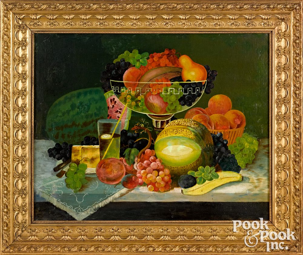 Appraisal: American oil on canvas folk art still life American oil