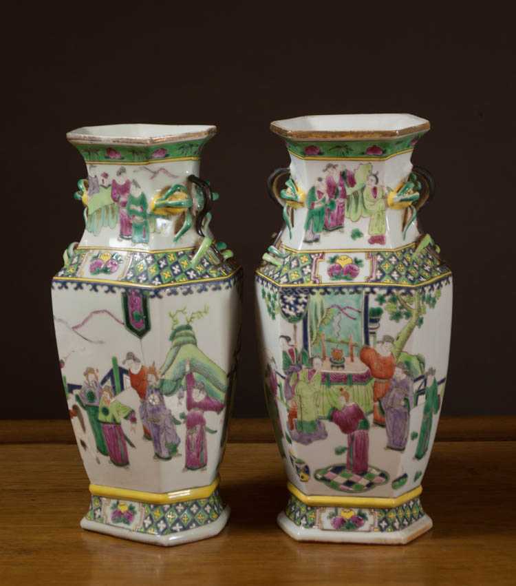 Appraisal: PAIR OF CHINESE QING PORCELAIN FAMILLE ROSE VASES having applied