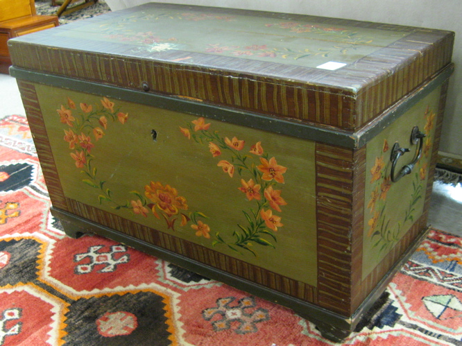 Appraisal: TWO PAINT DECORATED PINE BLANKET CHEST both having rectangular lift