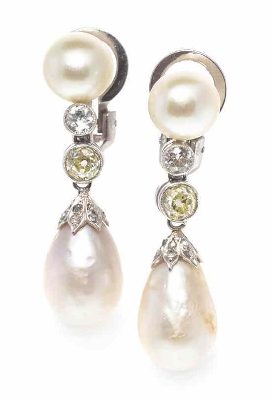 Appraisal: A Pair of Natural Pearl and Diamond Earrings containing two