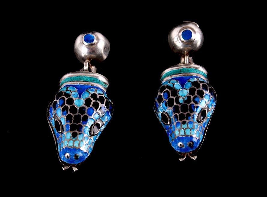 Appraisal: Margot de Taxco Blue Enamel Snake Earrings This is an