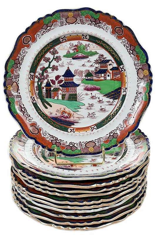 Appraisal: Real Ironstone Dinner Plates British th century chinoiserie scenes stamped