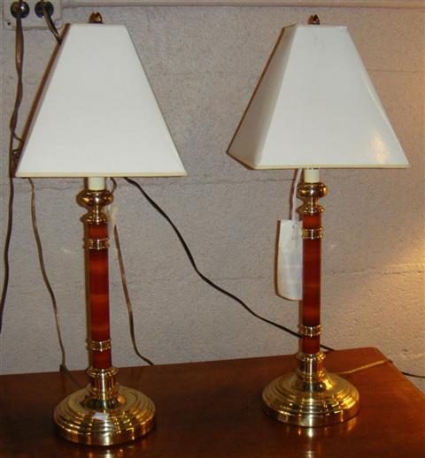 Appraisal: PAIR OF BRASS AND ORANGE RED LACQUER CANDLESTICK LAMPS h