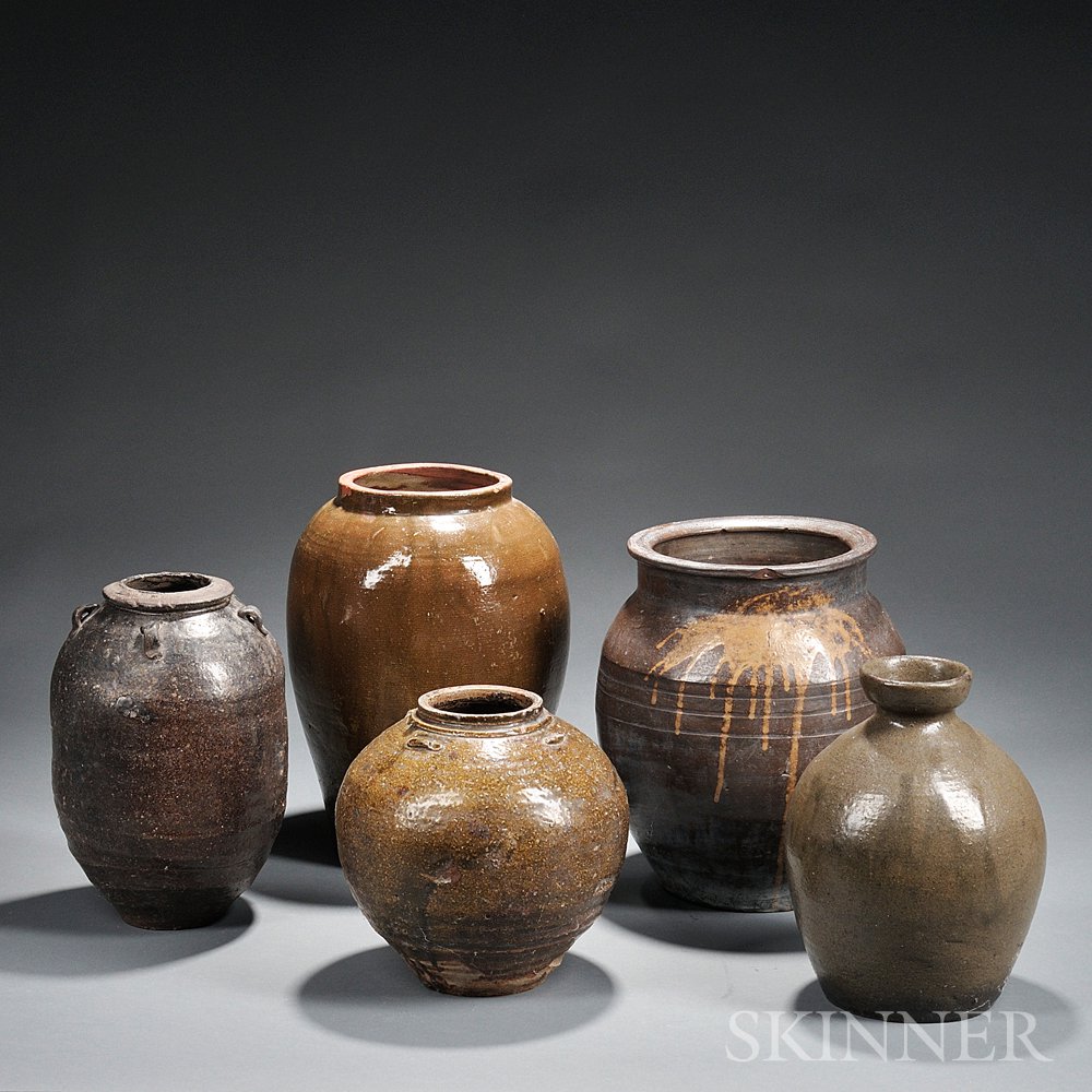 Appraisal: Five Stoneware Storage Jars Japan th th century all with