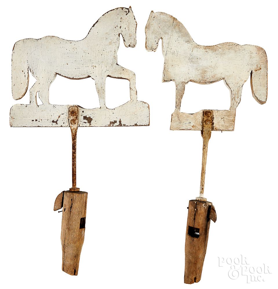 Appraisal: Pair of painted pine horse weathervanes Pair of painted pine