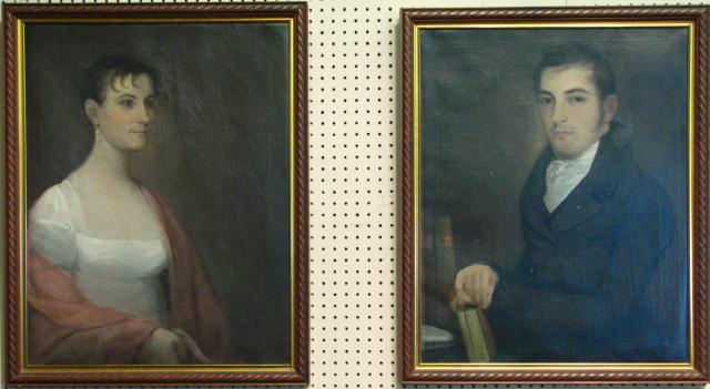 Appraisal: Pair of Antique Portraits x Oil on Canvas unsigned Cleaned