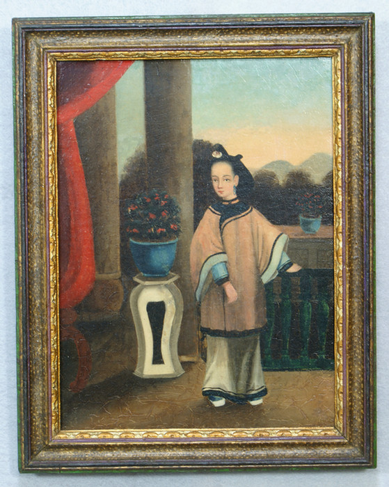 Appraisal: Small China Trade oil on canvas of a young woman