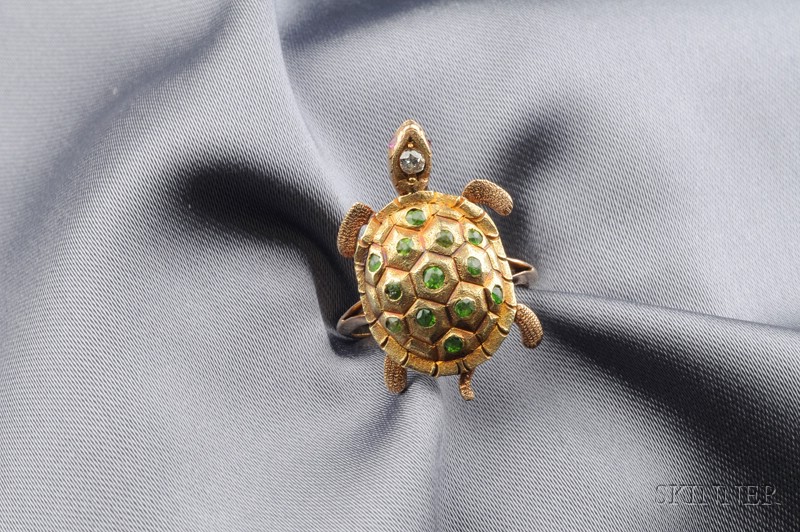 Appraisal: kt Gold Demantoid Garnet and Diamond Turtle Ring of naturalistic