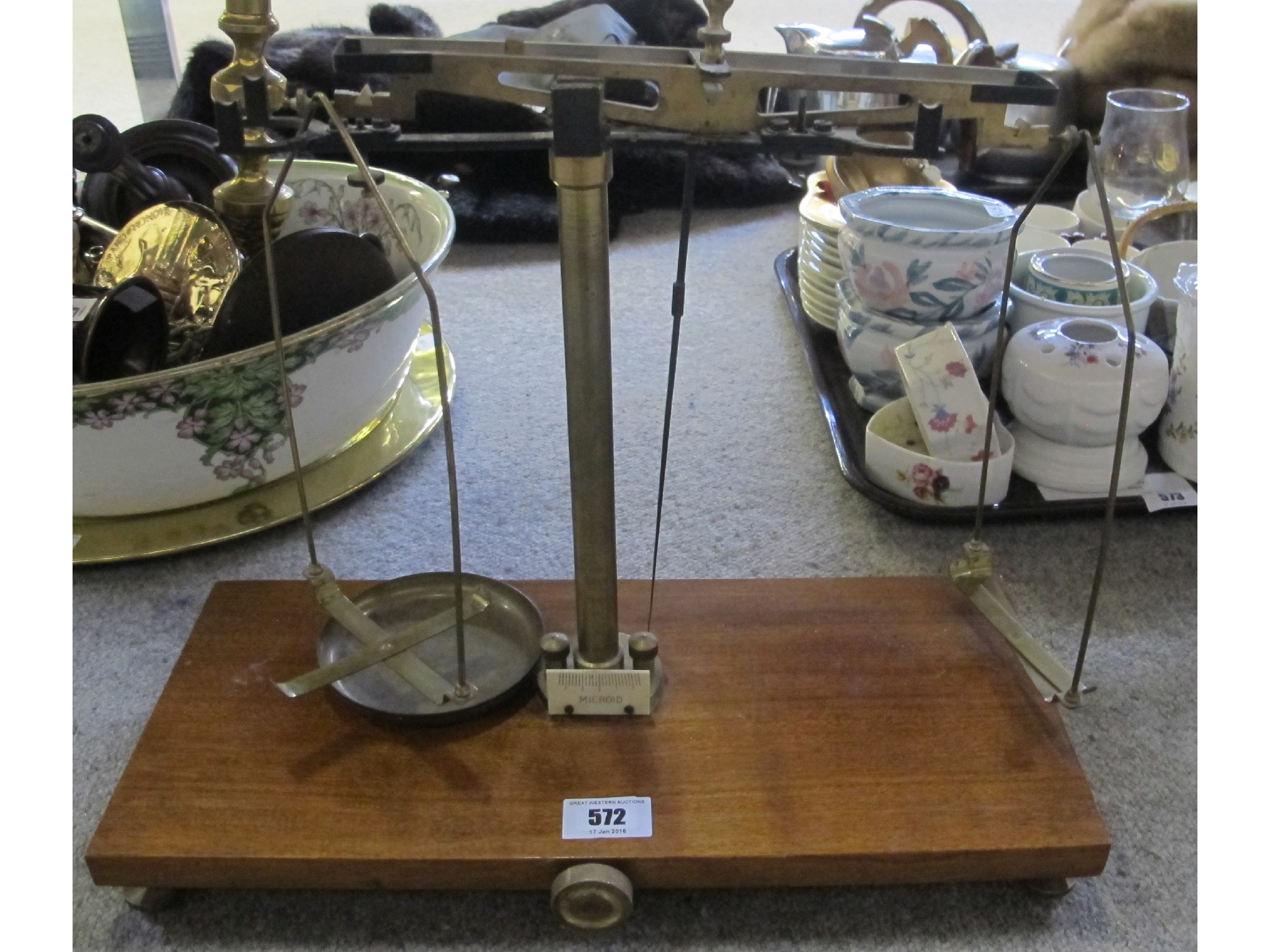 Appraisal: Pair of brass scales on wooden base