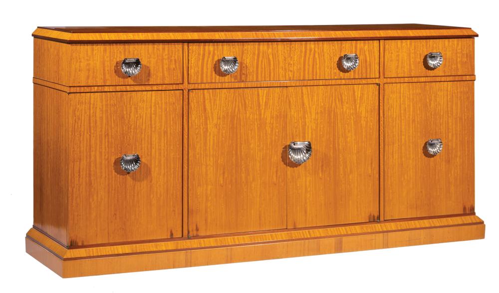 Appraisal: American Modernist Buccellati Sterling Silver-Mounted and Mahogany Inlaid Satinwood Sideboard