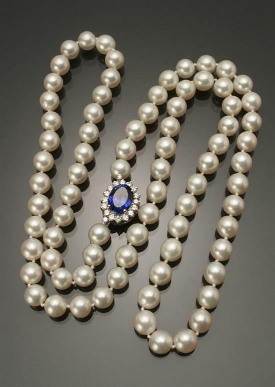 Appraisal: Opera Length Cultured Pearl Synthetic Blue Sapphire and Diamond Necklace