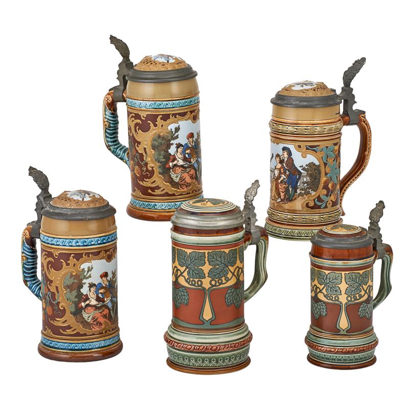 Appraisal: METTLACH ETCHED STEINS Five Two numbers half liters two half