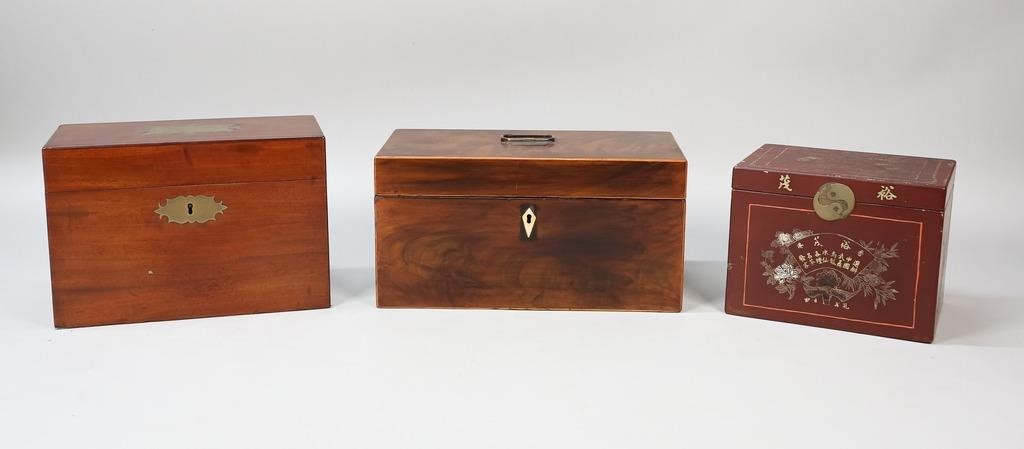 Appraisal: WOODEN TEA BOXES wooden tea caddies with interior compartments L