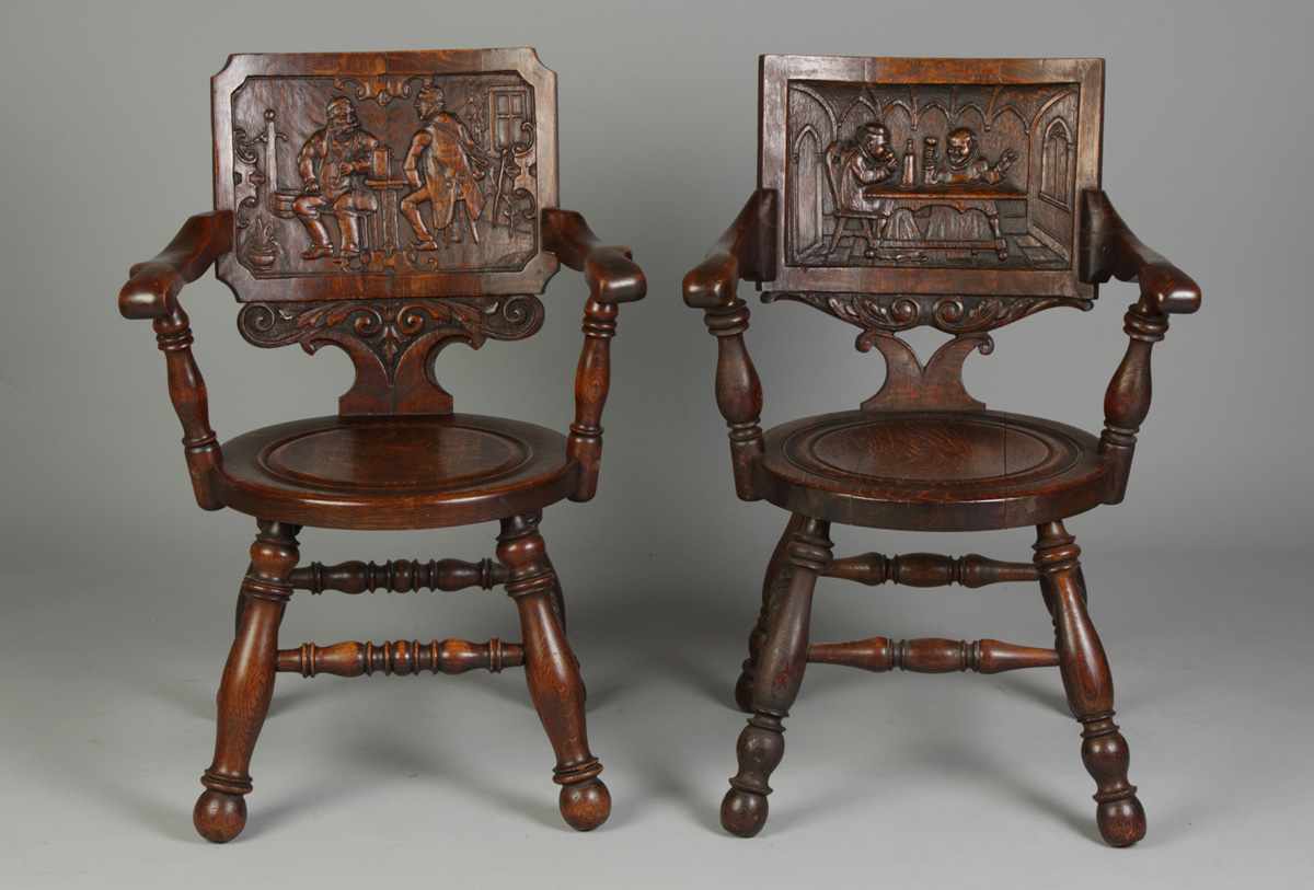 Appraisal: Carved Oak Pub Chairs Condition Old finish Some breaks to