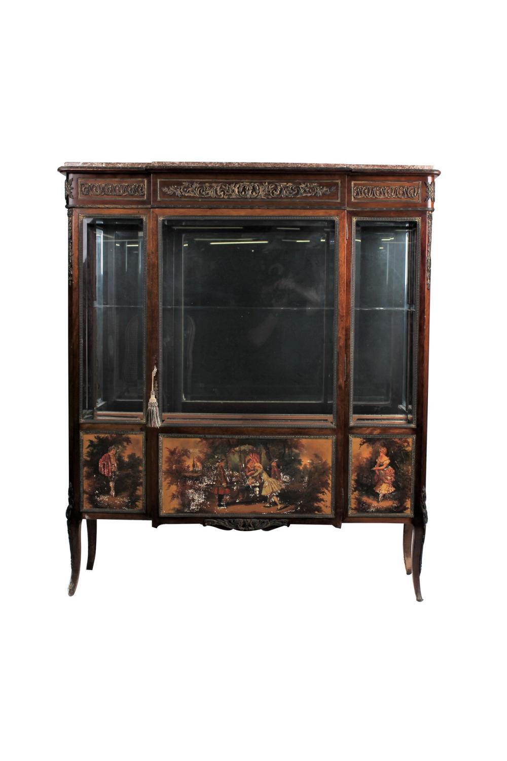 Appraisal: VERNIS MARTIN GILT RONZE- MOUNTED VITRINEwith rouge marble top and