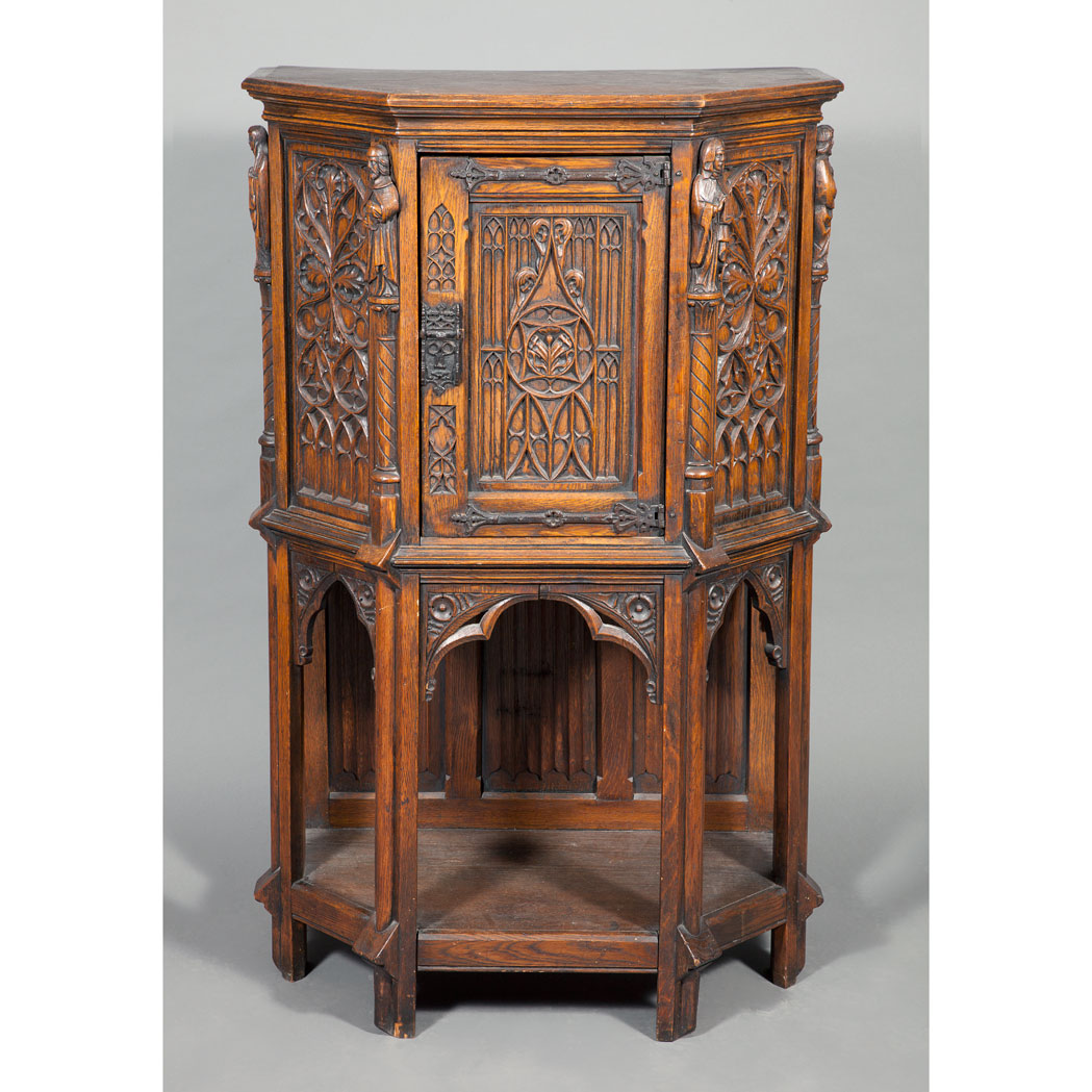 Appraisal: Gothic Revival Iron Mounted Oak Cabinet on Stand The angular