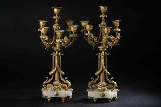 Appraisal: PAIR EMPIRE-STYLE BRONZE-DOR AND MARBLE SIX-LIGHT CANDELABRA late th century