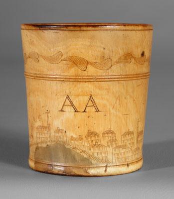 Appraisal: Engraved horn cup shaped as pail or barrel engraved structures