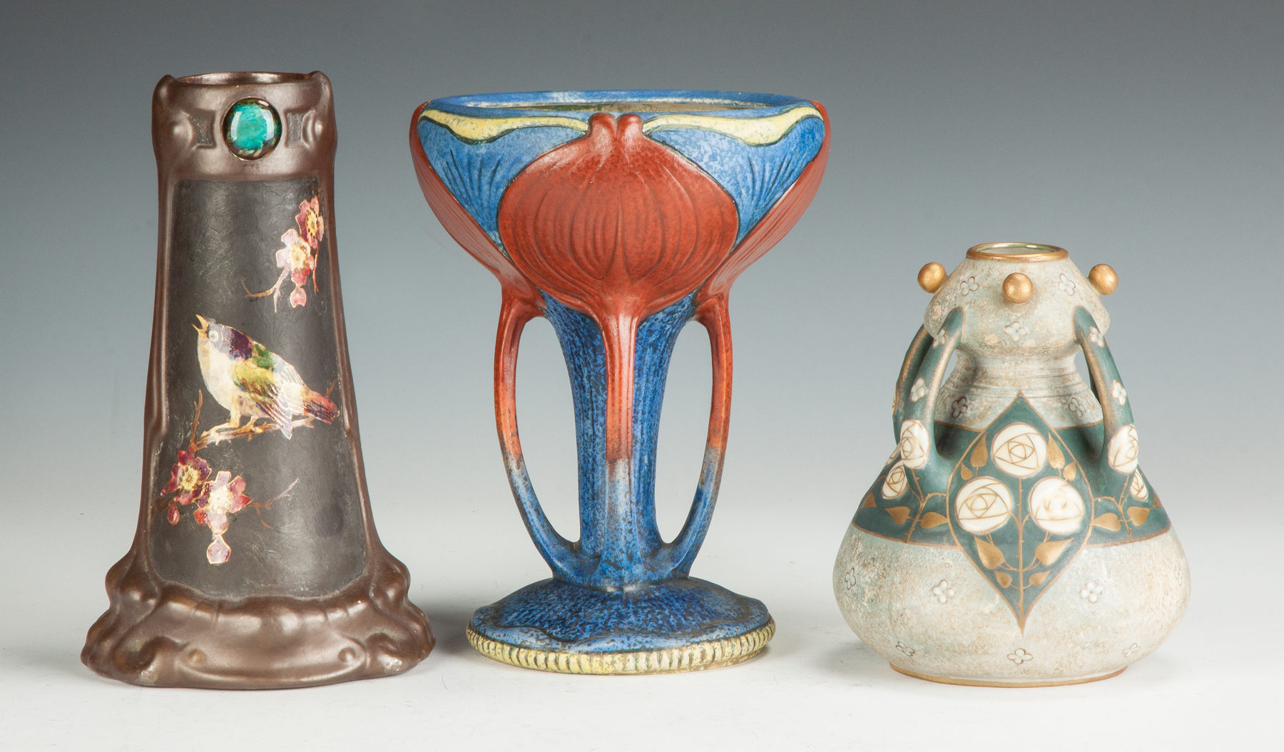 Appraisal: Three Pieces of Art Pottery th cent L to R