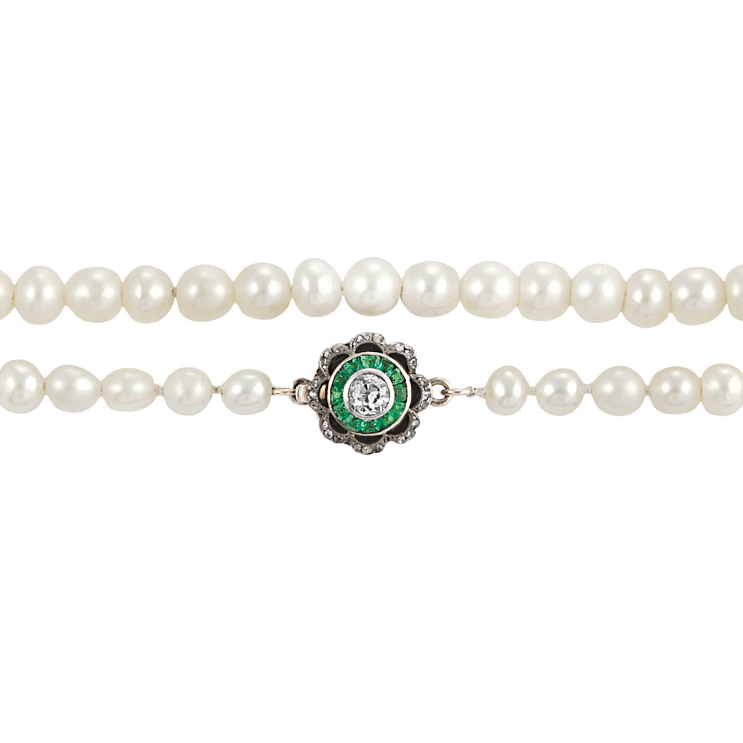 Appraisal: Pearl Necklace with Silver Gold Emerald and Diamond Clasp pearls