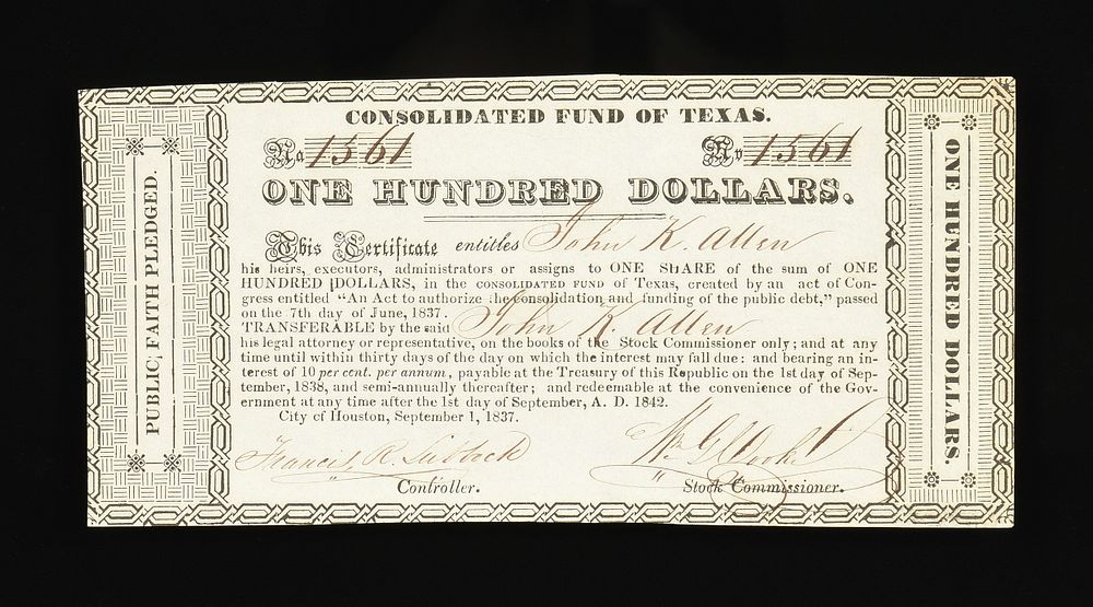 Appraisal: A REPUBLIC OF TEXAS CONSOLIDATED FUND OF TEXAS CERTIFICATE ISSUED