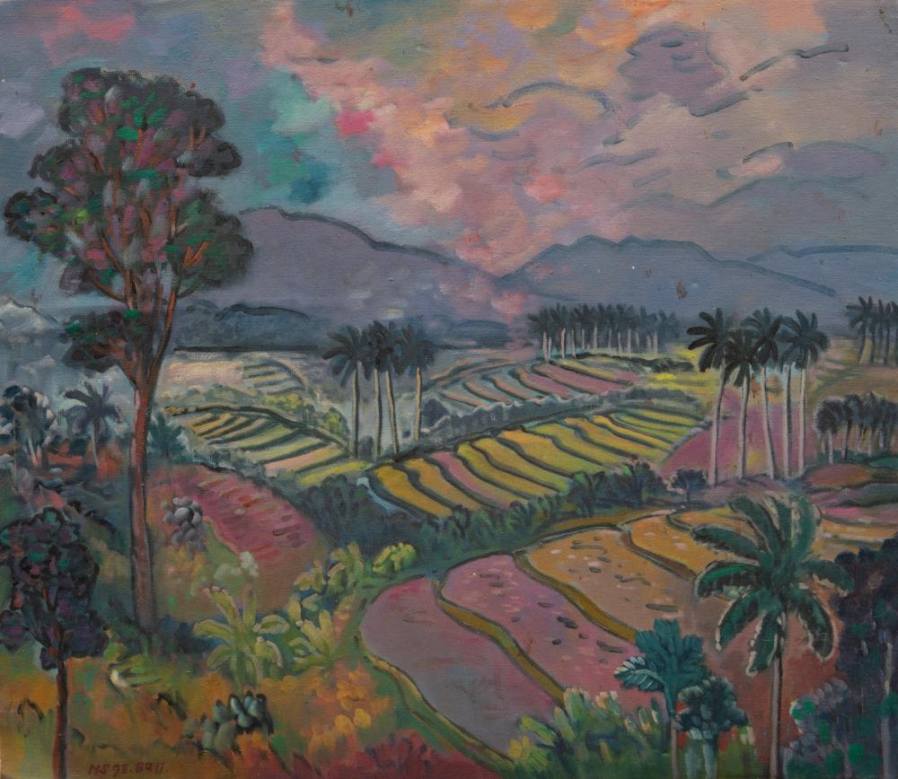 Appraisal: American School Landscape of Bali oil on canvas laid on