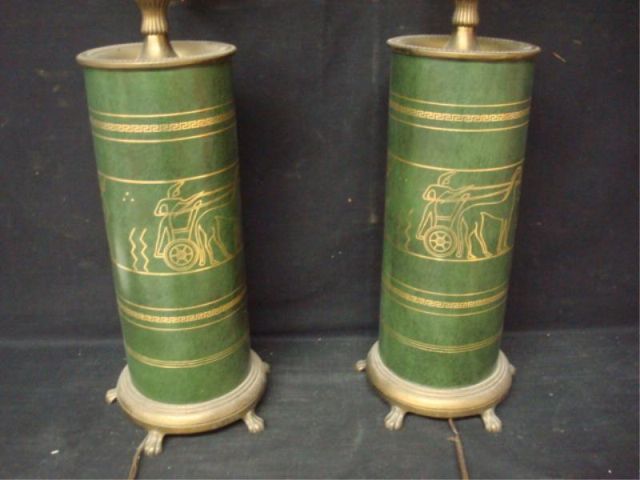 Appraisal: Pair of Brass Green Leather Lamps with Tooled Gilt Classical