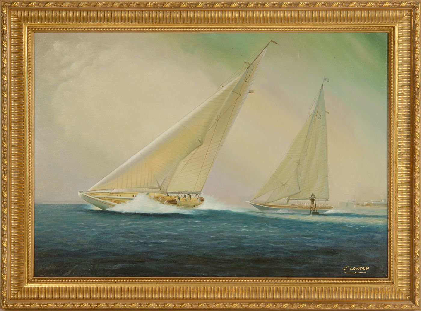 Appraisal: FRAMED PAINTING Two J boats racing under full sail with