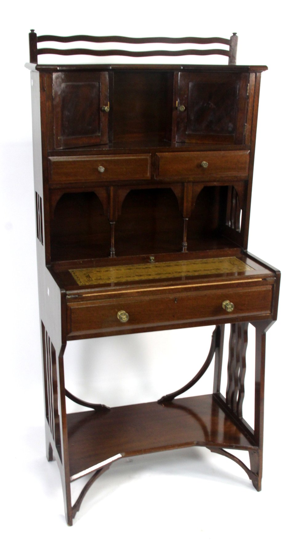 Appraisal: An Edwardian mahogany bonheur-du-jour the upper section fitted cupboards drawers