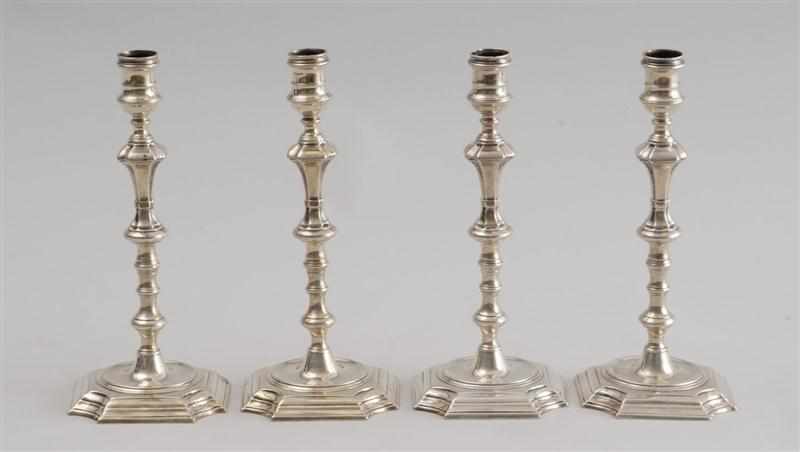 Appraisal: SET OF FOUR GEORGE II CRESTED SILVER TABLE CANDLESTICKS Jonathan