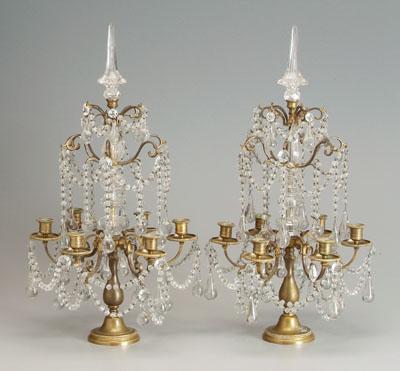 Appraisal: Pair crystal and brass candelabra six scrolled arms with candle