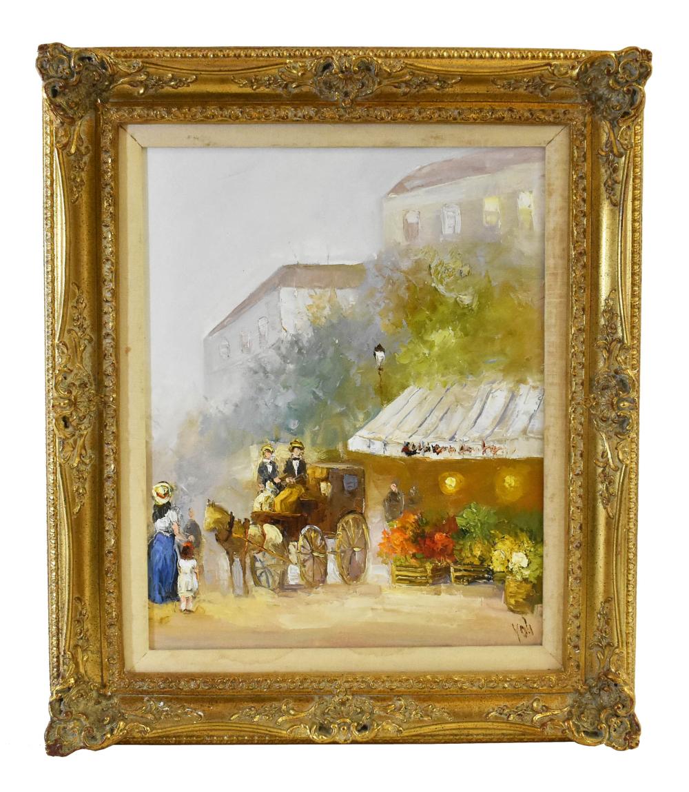 Appraisal: EUROPEAN SCHOOL TH CENTURY Parisian Flower Stall Signed Yoh l