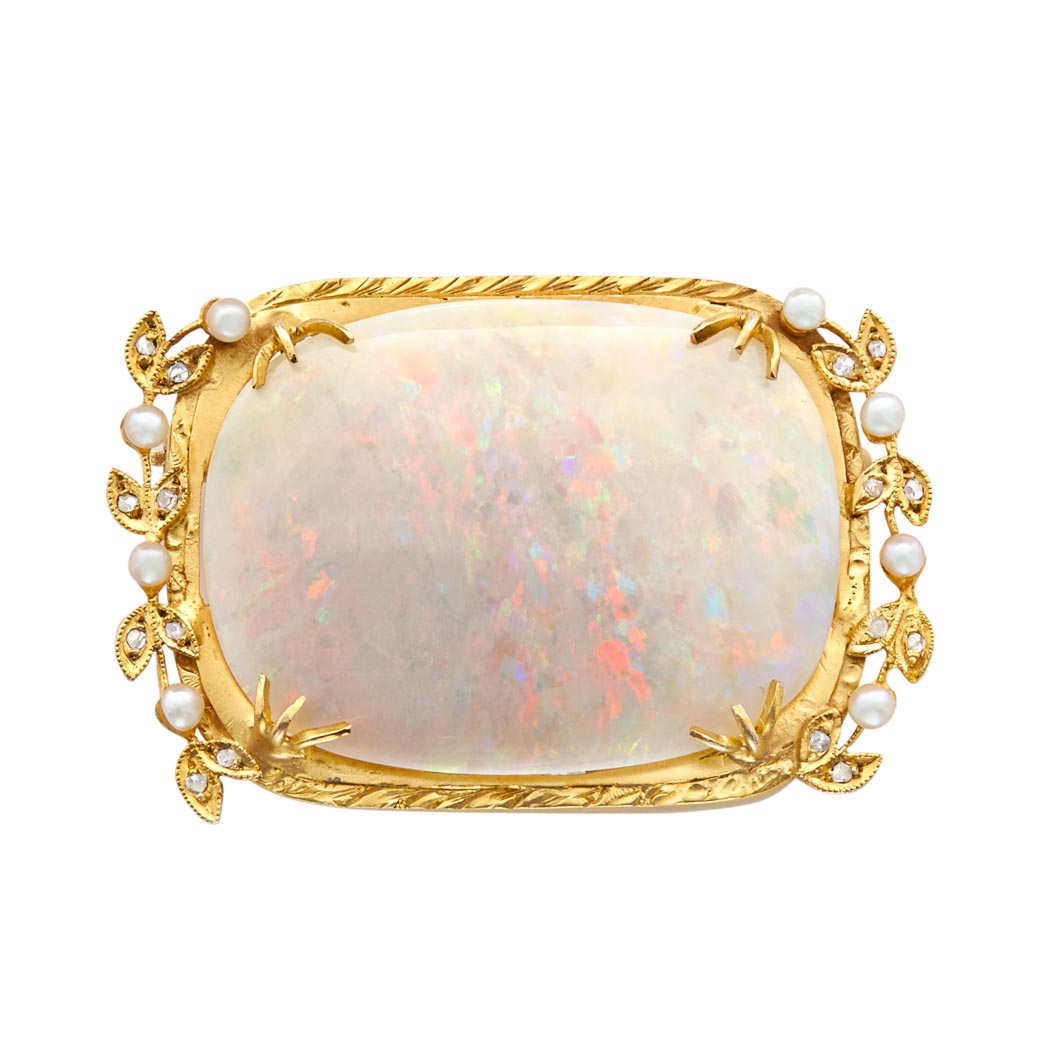 Appraisal: Antique Gold Opal Seed Pearl and Diamond Brooch One cushion-shaped