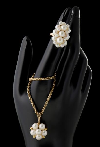 Appraisal: CULTURED PEARL CLUSTER K GOLD RING AND NECKLACEThe k gold