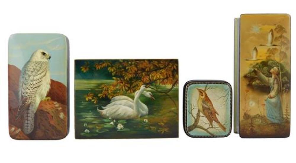 Appraisal: Russian hand-painted lacquer boxes four pieces bird themed including The