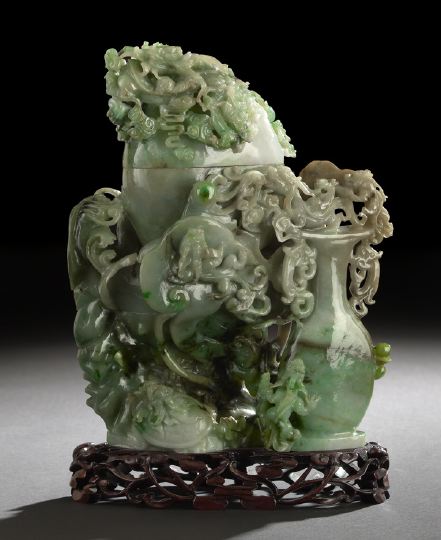 Appraisal: Chinese Carved Jade Vase and Mythological Creature Group carved from