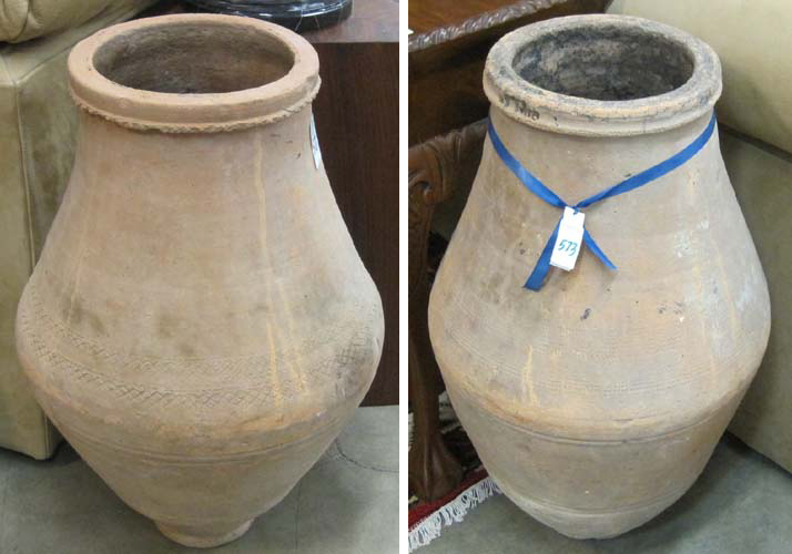 Appraisal: TWO EARLY TURKISH CLAY POTTERY OIL JARS of round barrel