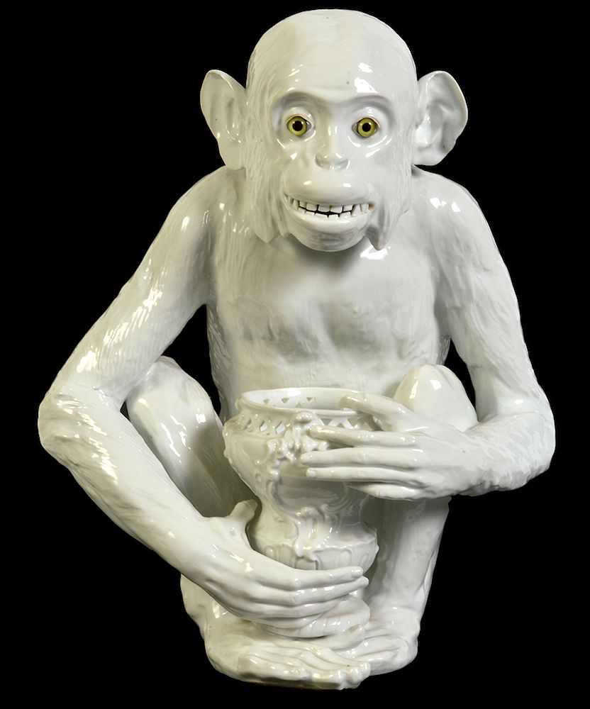 Appraisal: Meissen Style Ceramic Monkey W Green Glass Eyes White ceramic