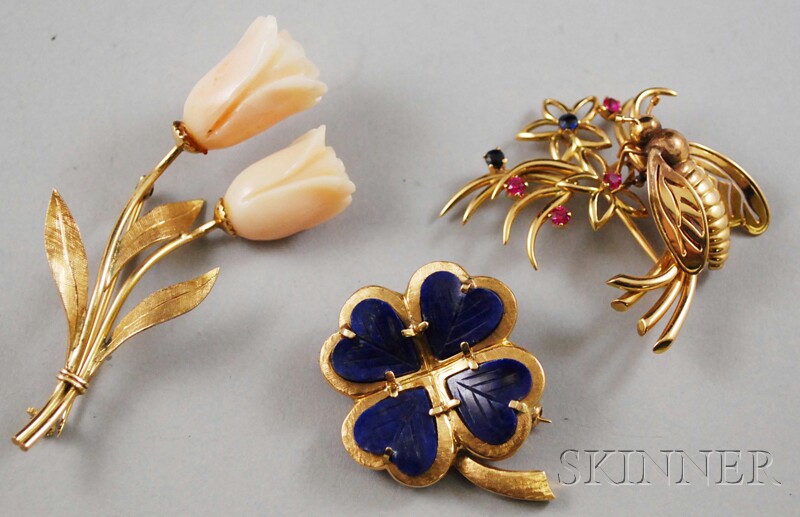 Appraisal: Three kt Gold Brooches a gold and carved coral rose