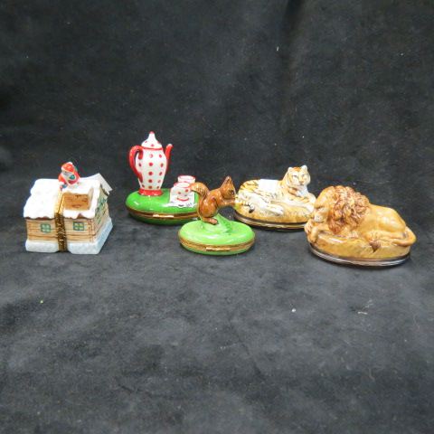 Appraisal: Limoges Porcelain Figural Boxes includes lion tiger squirrel tea time