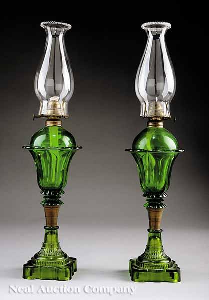 Appraisal: A Pair of American Emerald Glass Kerosene Lamps in the