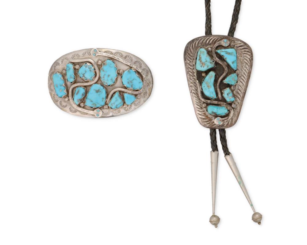 Appraisal: An Effie Calavaza Zuni silver and turquoise bolo and buckle