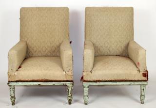 Appraisal: Pair of French armchairs covered in muslin upholstery Pair of