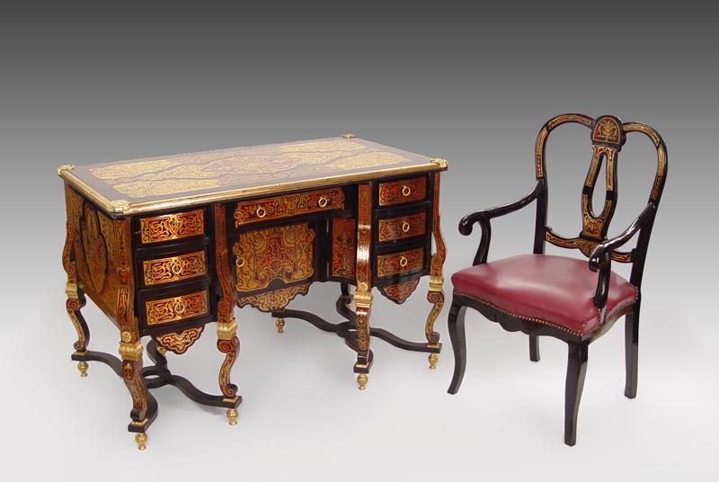 Appraisal: BLACK LACQUER AND GOLD TRIM BOULLE INLAY DESK WITH CHAIR