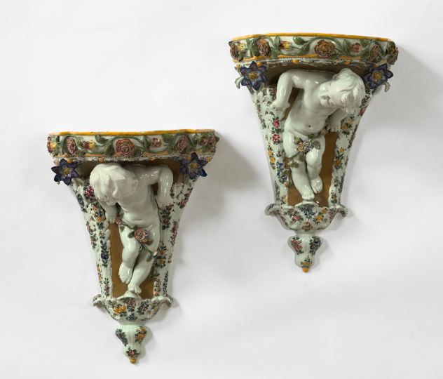 Appraisal: Good Large Pair of Polychromed Faience Bracket Shelves from Nove