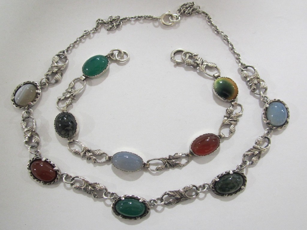 Appraisal: Scottish silver and vari coloured agate necklace and matching bracelet