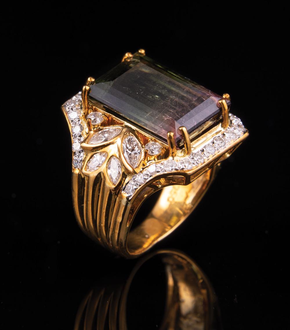 Appraisal: kt Yellow Gold Watermelon Tourmaline and Diamond Ring Please note